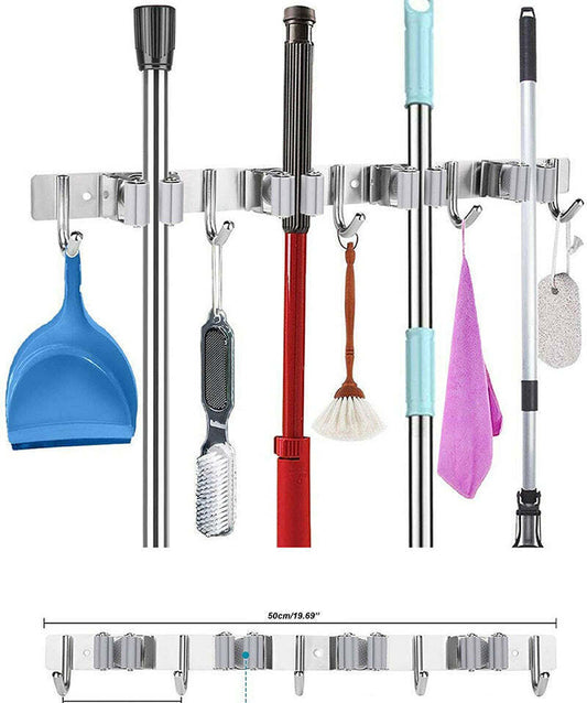 Wall mounted stainless steel mop and broom storage holders / Organiser - Luxury Lights